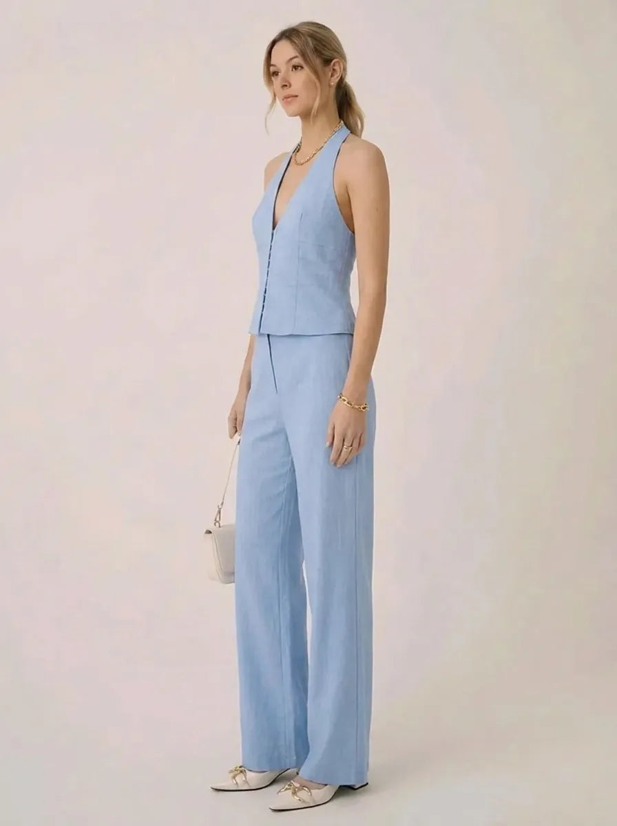 Tweedelige set voor dames: haltertop met V-hals en wijde broek