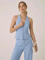 Tweedelige set voor dames: haltertop met V-hals en wijde broek