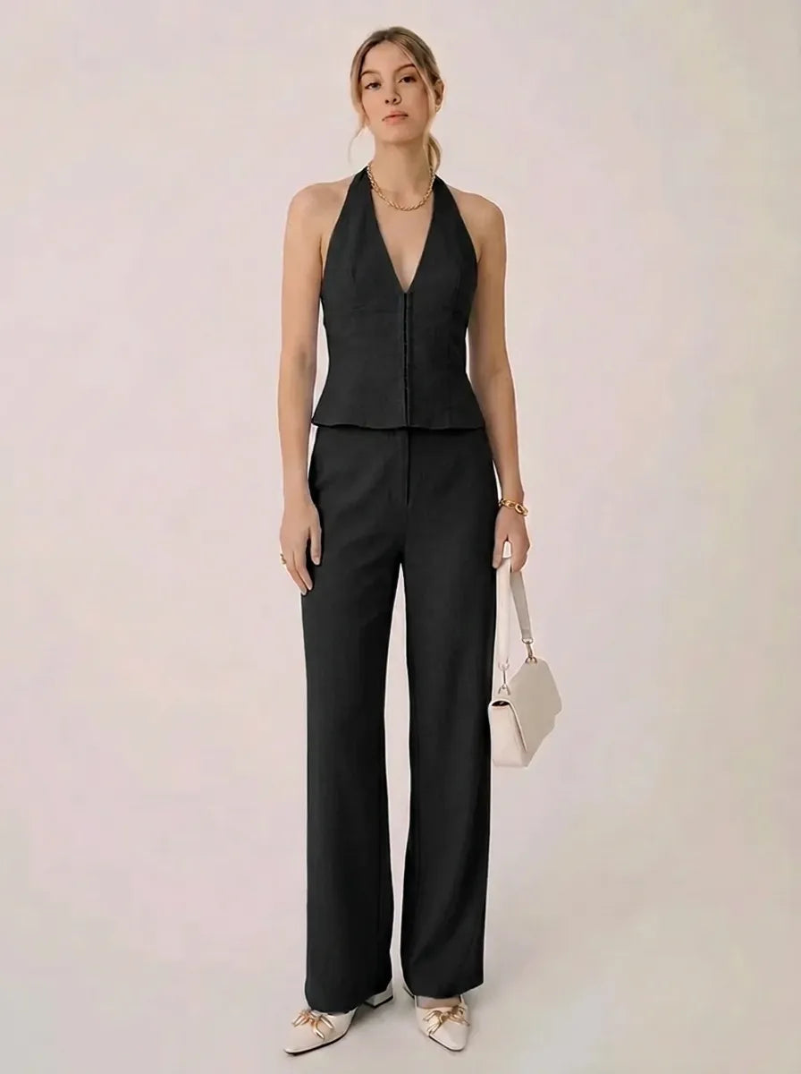 Tweedelige set voor dames: haltertop met V-hals en wijde broek