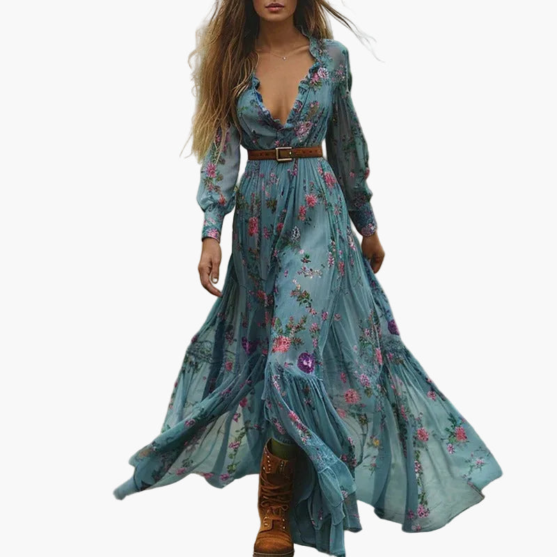 Dam Boho maxiklänning med blomsterbroderi och långa ärmar – Elegant fritidsklänning för utomhus & semester