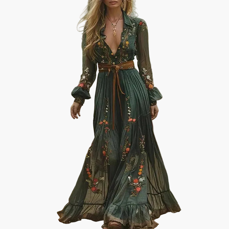 Dam Boho maxiklänning med blomsterbroderi och långa ärmar – Elegant fritidsklänning för utomhus & semester