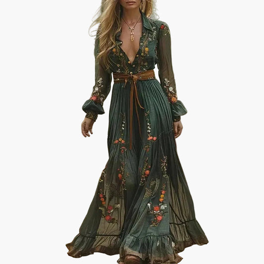 Damen Boho Maxikleid mit Blumenstickerei und langen Ärmeln – Elegantes Freizeitkleid für Outdoor & Urlaub
