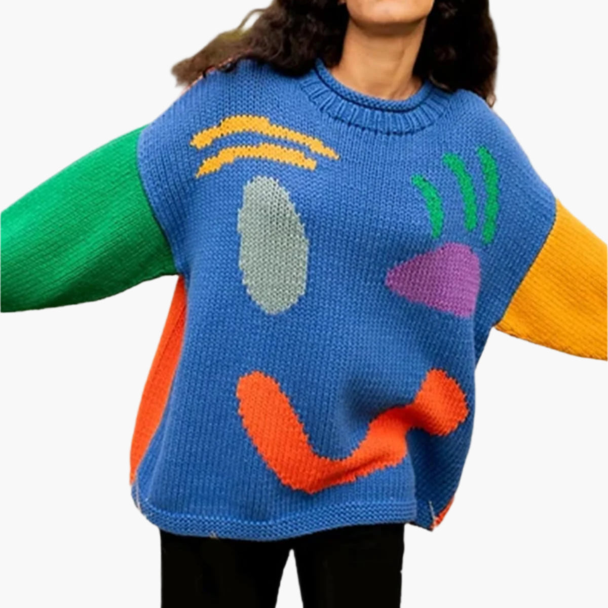 Jersey de punto con motivo abstracto de rostro para mujer – Look cómodo para fines de semana y tiempo libre