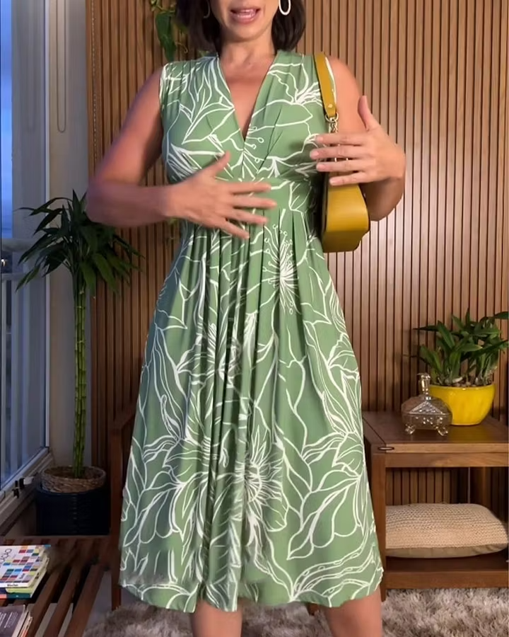 Mouwloze knielange jurk voor dames met bloemenprint en V-hals