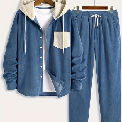 Conjunto de dos piezas para hombre con camisa tipo sudadera con capucha acanalada y pantalón jogger, traje informal