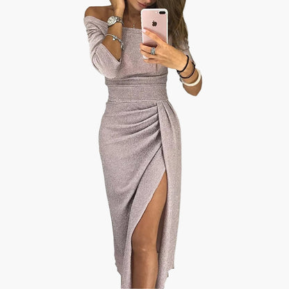 Dame off-shoulder aftenkjole Elegant med høy splitt – Figursydd cocktailkjole for spesielle anledninger
