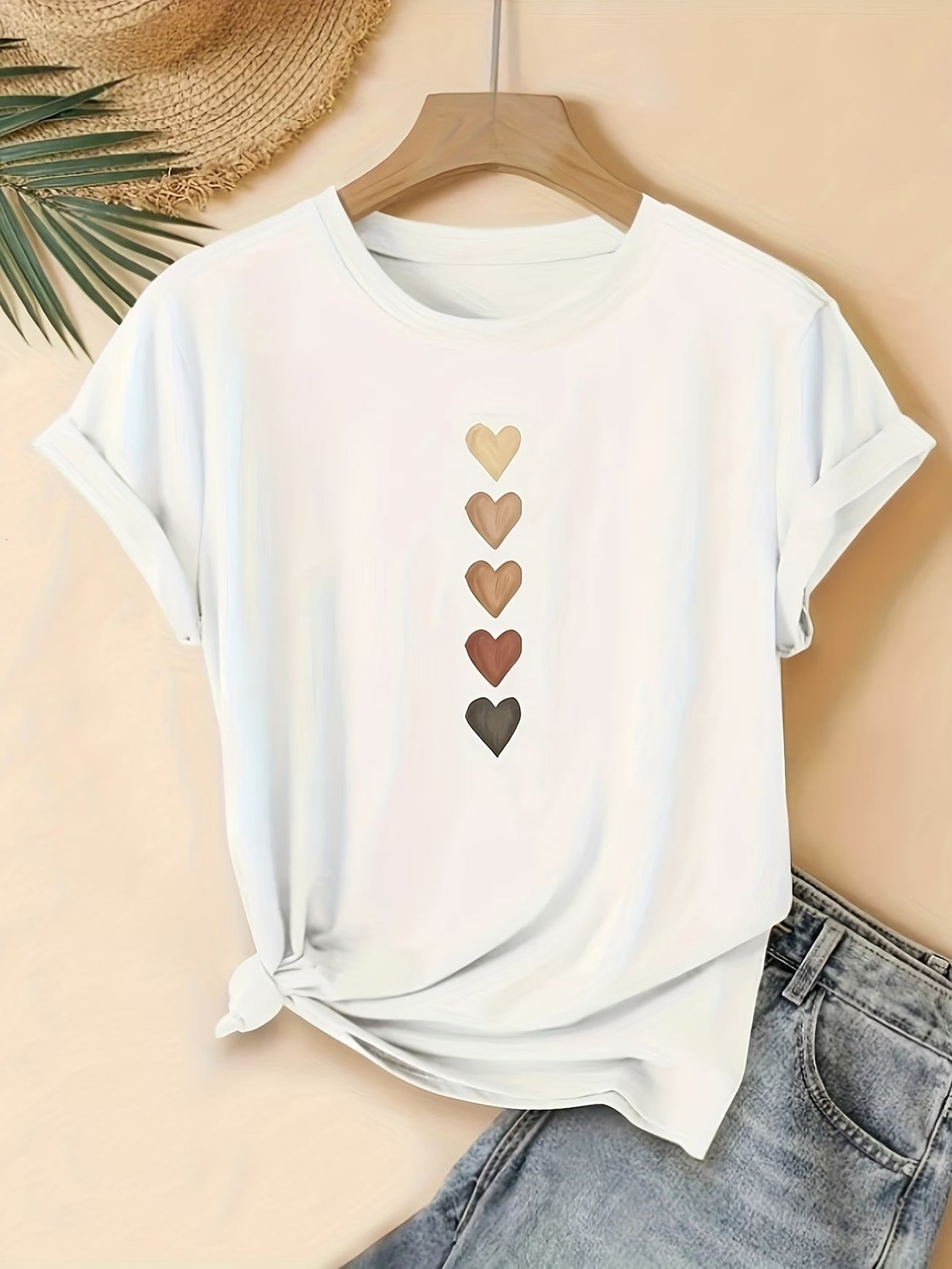 Dames T-shirt met hartprint en moderne vrijetijdslook – Perfect voor vakantie & dagelijks gebruik