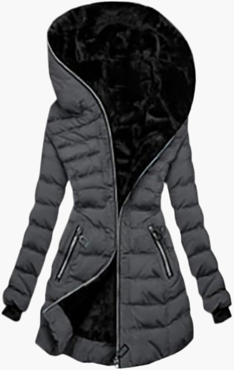 Giacca invernale trapuntata da donna con ampio cappuccio e cerniera asimmetrica – Cappotto outdoor alla moda