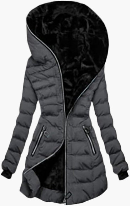 Giacca invernale trapuntata da donna con ampio cappuccio e cerniera asimmetrica – Cappotto outdoor alla moda