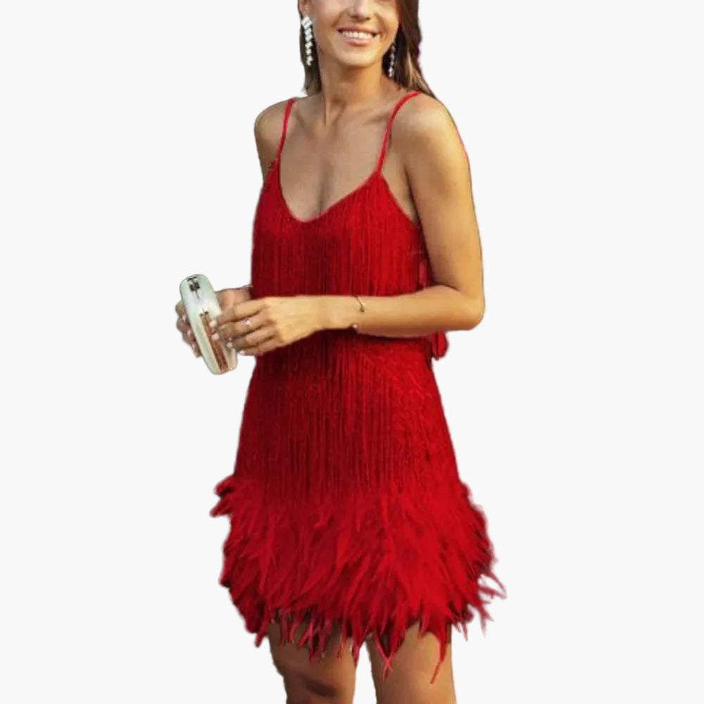 Dames feestjurk met franjes en verenversiering – Elegante avondjurk voor speciale gelegenheden