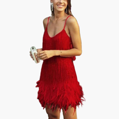 Dames feestjurk met franjes en verenversiering – Elegante avondjurk voor speciale gelegenheden