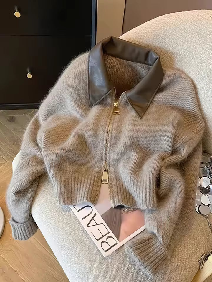 Damen Cropped Strickjacke mit Zipper und auffälligem Kragen – Modischer Freizeit-Look