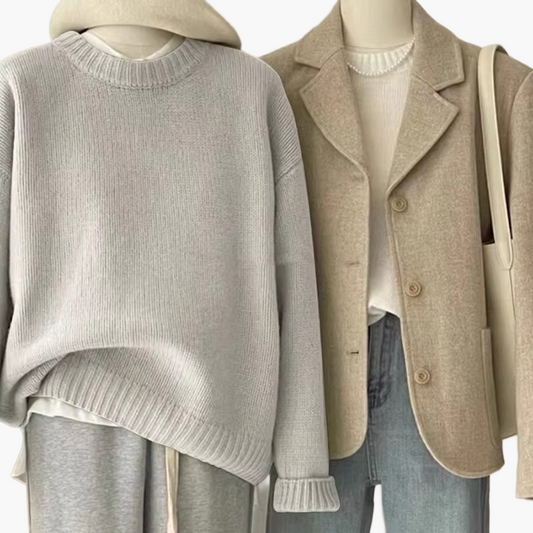 Dame afslappet sæt med striktrøje og blazer – moderigtig fritidsstil til hverdag og kontor