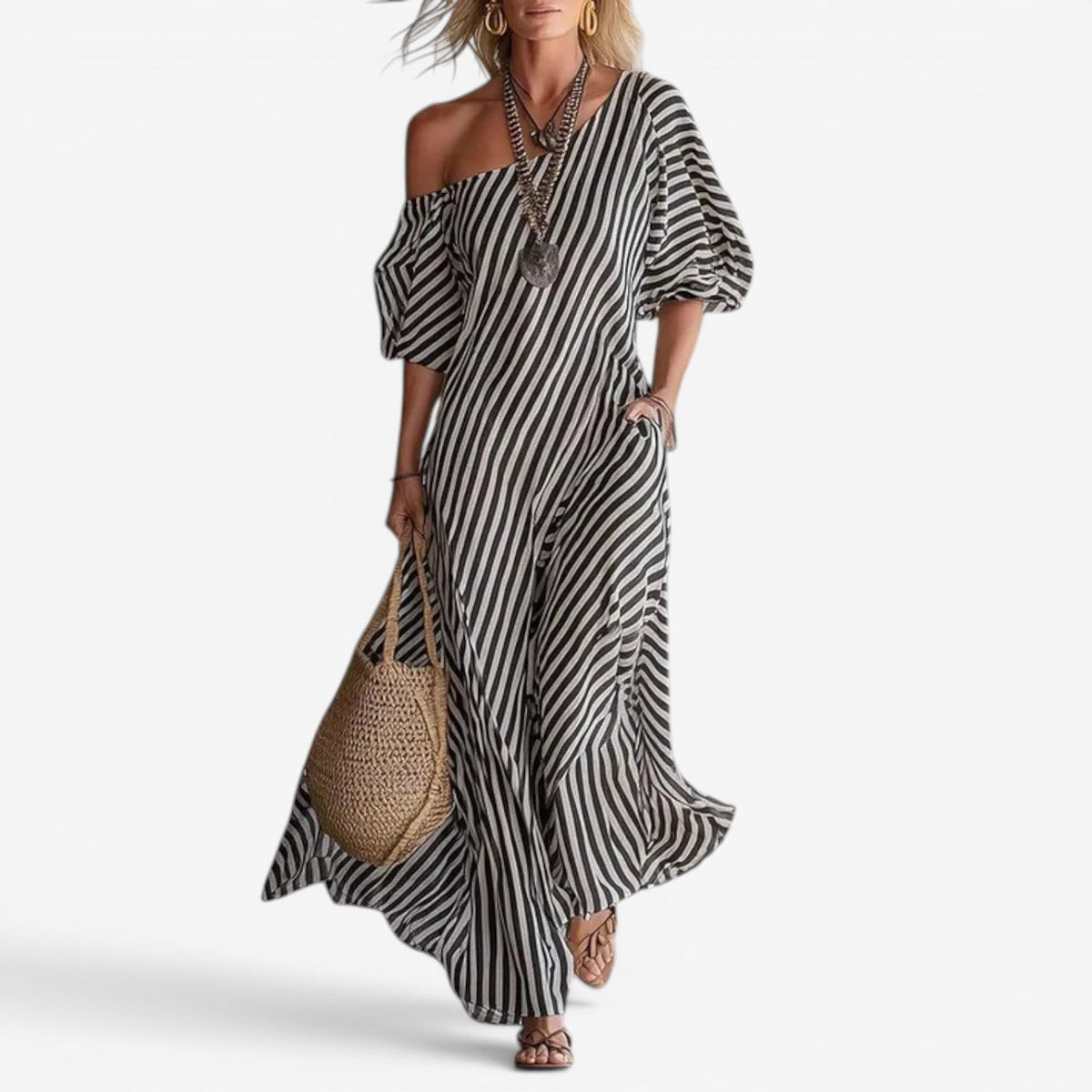 Inoni | Gestreepte off-shoulder maxi-jurk voor dames