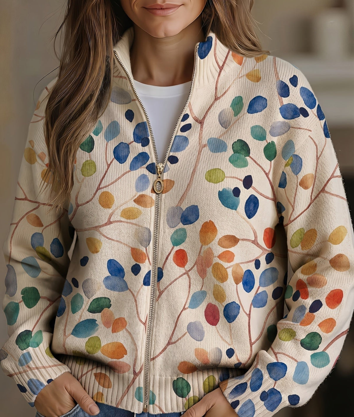 Imogene | Vest voor dames met botanische bladerprint en rits