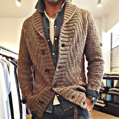 Herre vintage strikcardigan med sjalskrave – Stilfuld fritidsstrik til moderne mænd