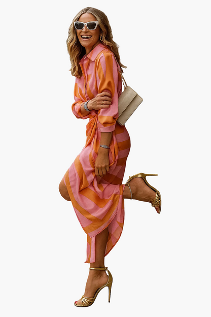Vestito midi incrociato da donna – Design a righe moderno per ufficio e tempo libero