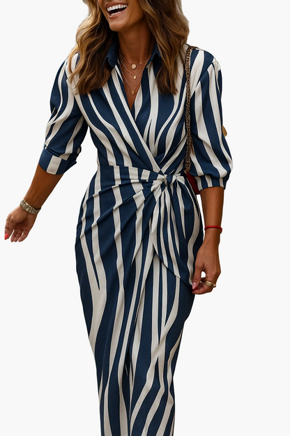 Vestito midi incrociato da donna – Design a righe moderno per ufficio e tempo libero