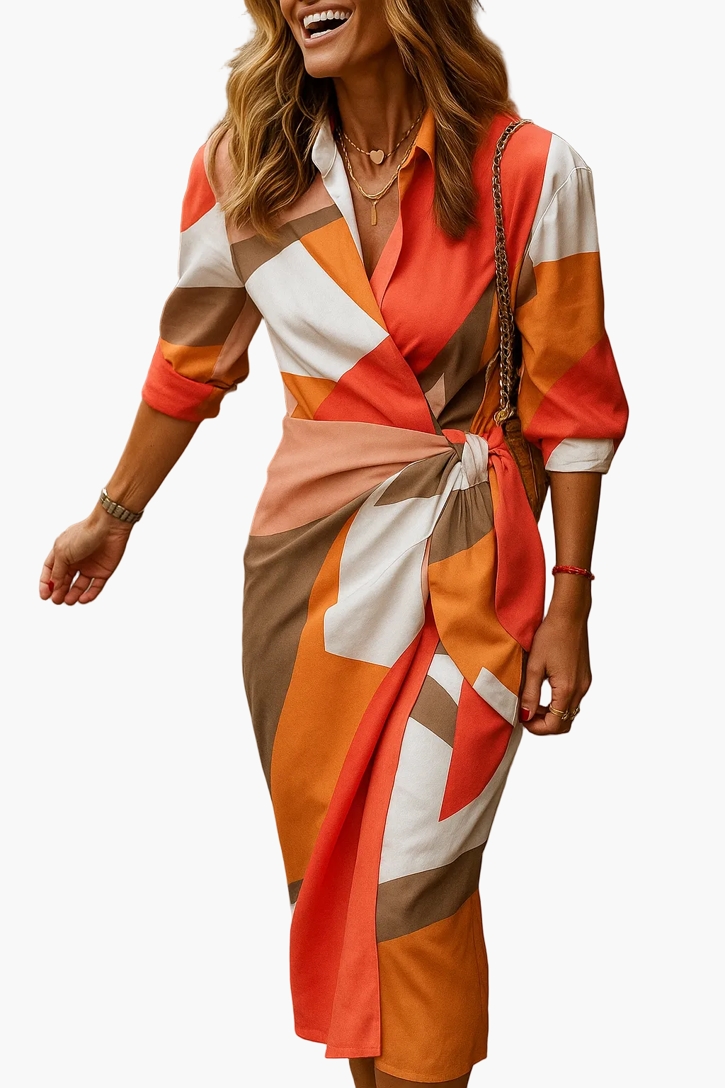 Vestito midi incrociato da donna – Design a righe moderno per ufficio e tempo libero