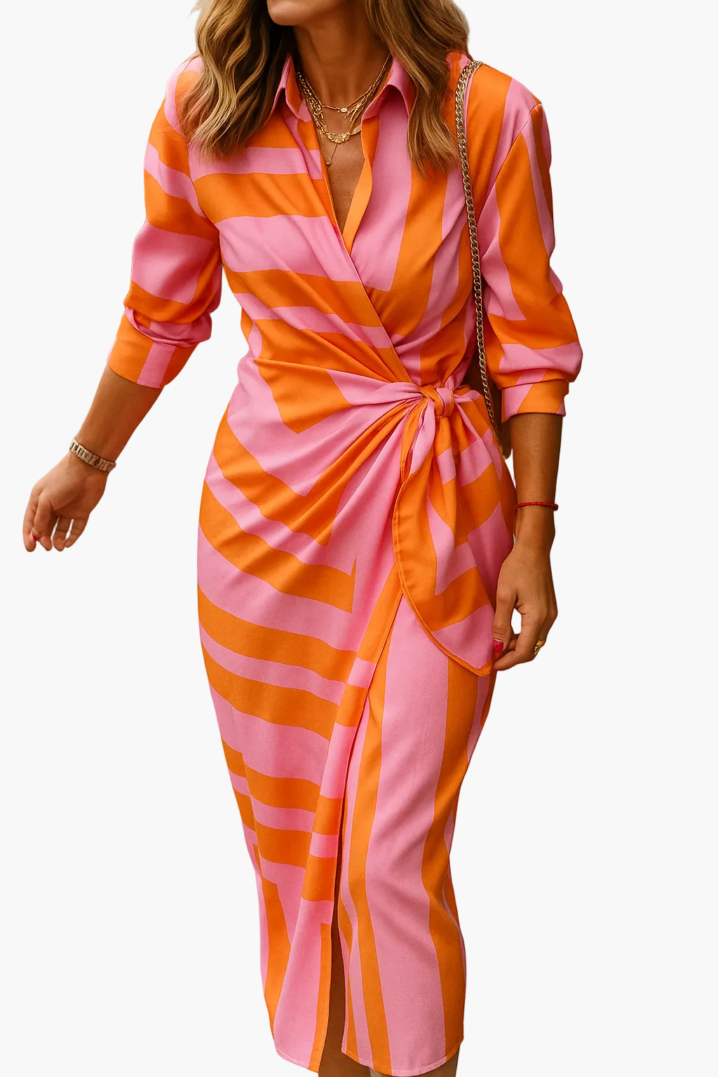 Vestito midi incrociato da donna – Design a righe moderno per ufficio e tempo libero