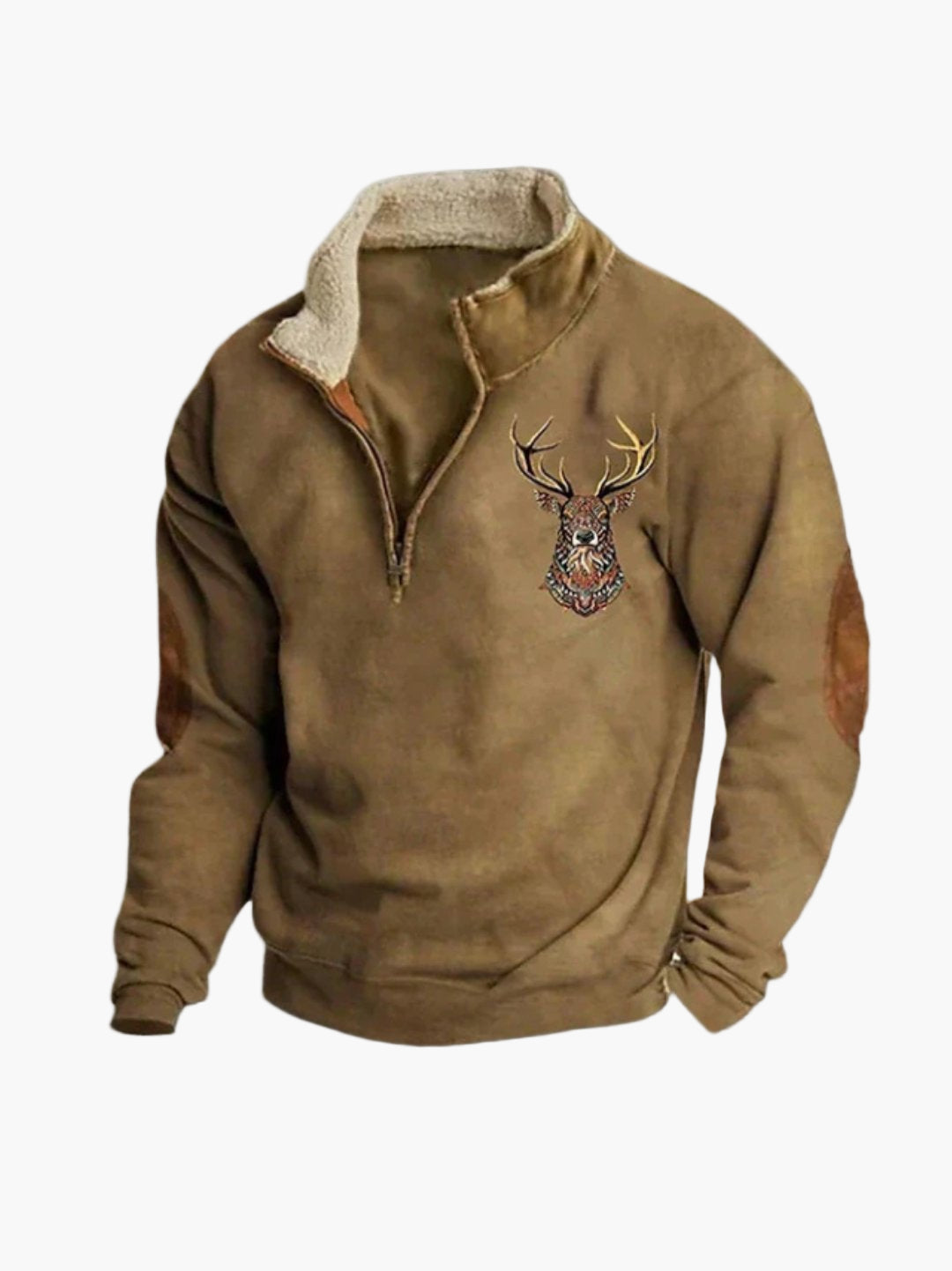Herren Pullover mit Hirschstickerei und Viertelreißverschluss – Outdoor & Freizeit