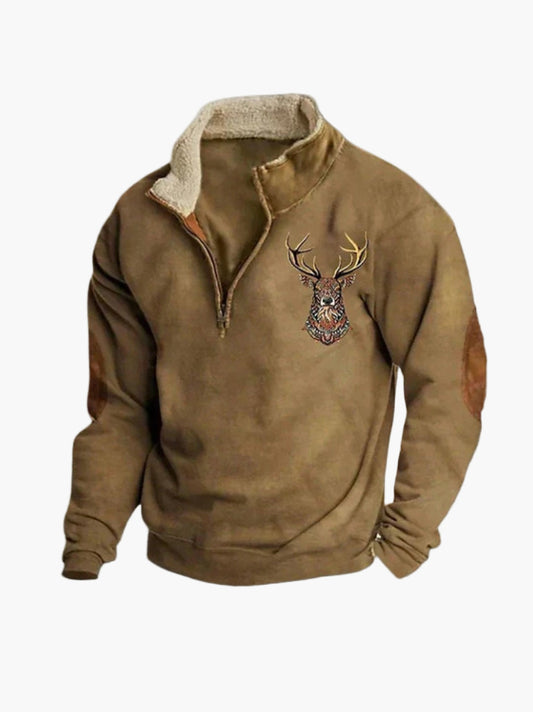 Herren Pullover mit Hirschstickerei und Viertelreißverschluss – Outdoor & Freizeit