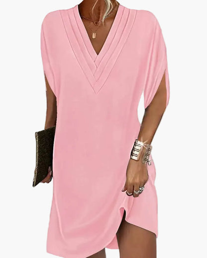 Damen Kleid mit V-Ausschnitt und modernen Schlitzärmeln – Eleganter Freizeitstil für Alltag und Events