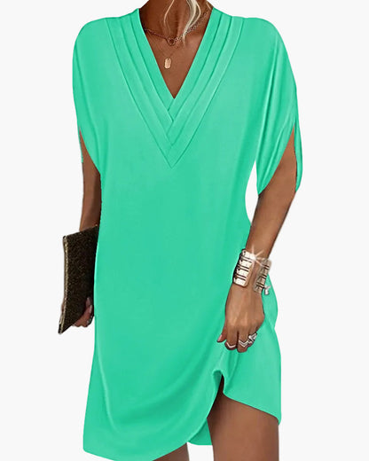 Damen Kleid mit V-Ausschnitt und modernen Schlitzärmeln – Eleganter Freizeitstil für Alltag und Events