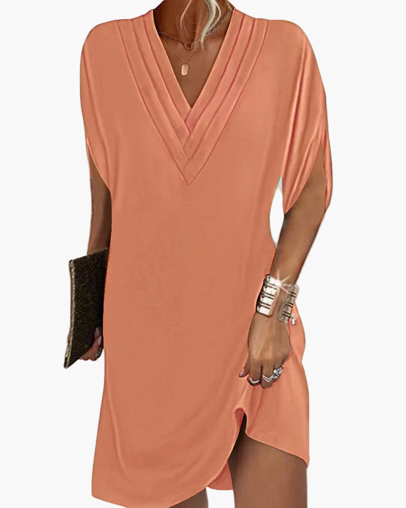 Damen Kleid mit V-Ausschnitt und modernen Schlitzärmeln – Eleganter Freizeitstil für Alltag und Events