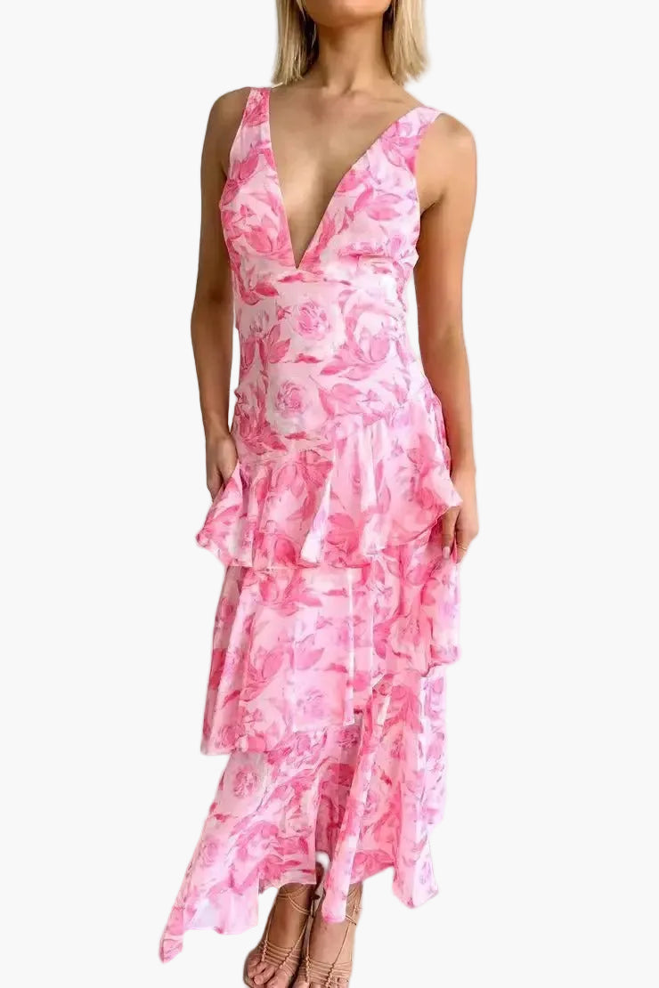 Dames feestelijke maxijurk met volant en diepe V-hals – Elegante avondjurk voor zomer & evenementen
