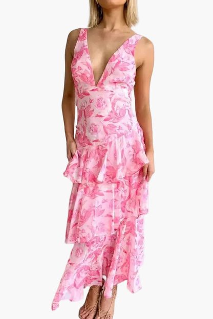 Dames feestelijke maxijurk met volant en diepe V-hals – Elegante avondjurk voor zomer & evenementen