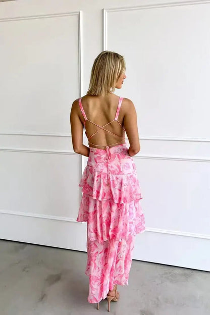 Dames feestelijke maxijurk met volant en diepe V-hals – Elegante avondjurk voor zomer & evenementen