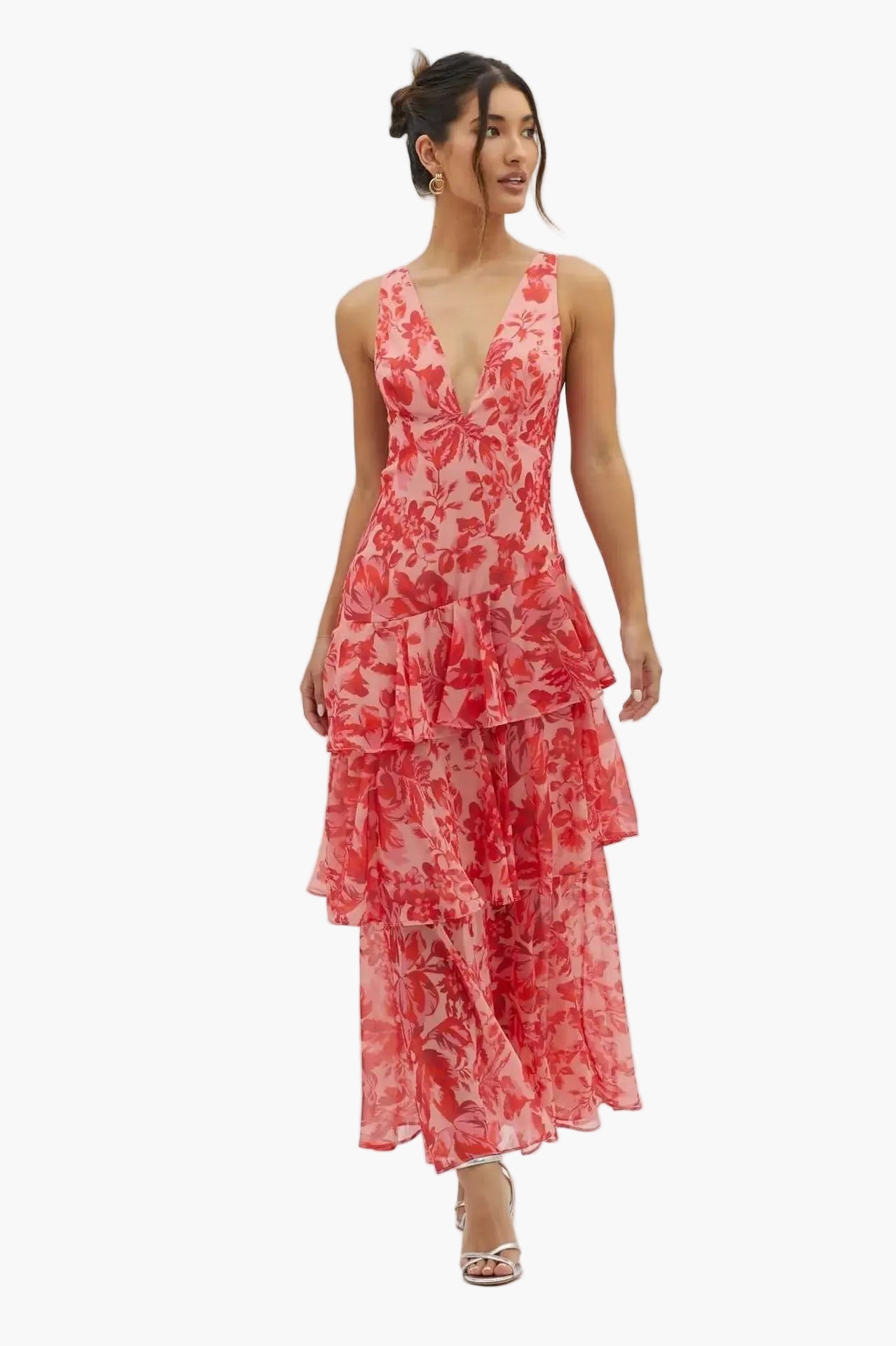 Dames feestelijke maxijurk met volant en diepe V-hals – Elegante avondjurk voor zomer & evenementen