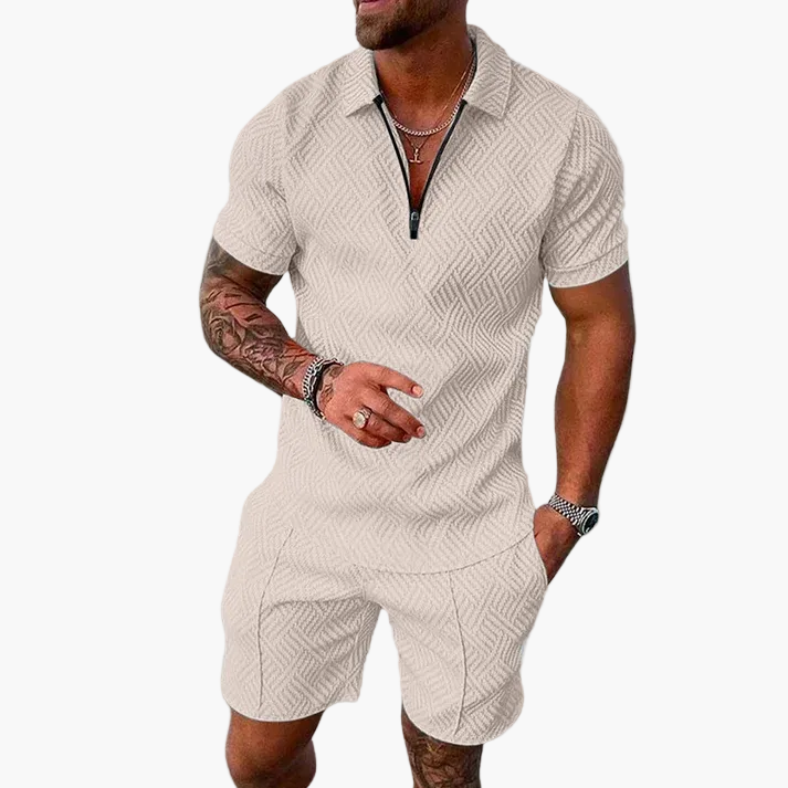 Ensemble été homme – Polo zippé et short à la mode, tenue décontractée pour le quotidien et les vacances