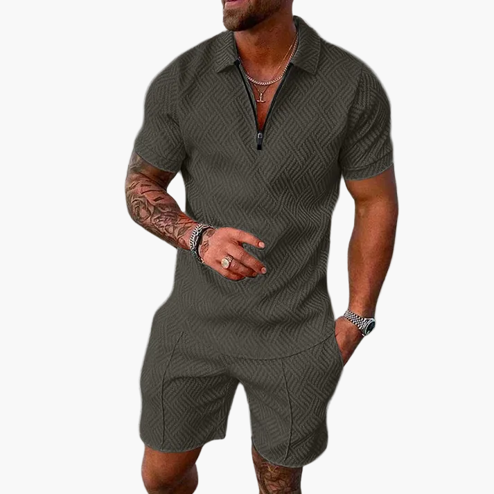 Ensemble été homme – Polo zippé et short à la mode, tenue décontractée pour le quotidien et les vacances