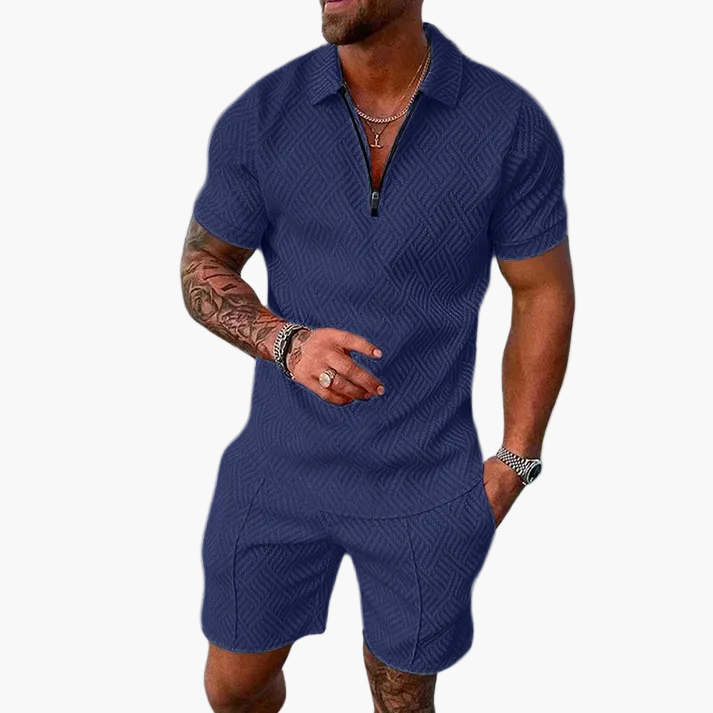 Ensemble été homme – Polo zippé et short à la mode, tenue décontractée pour le quotidien et les vacances