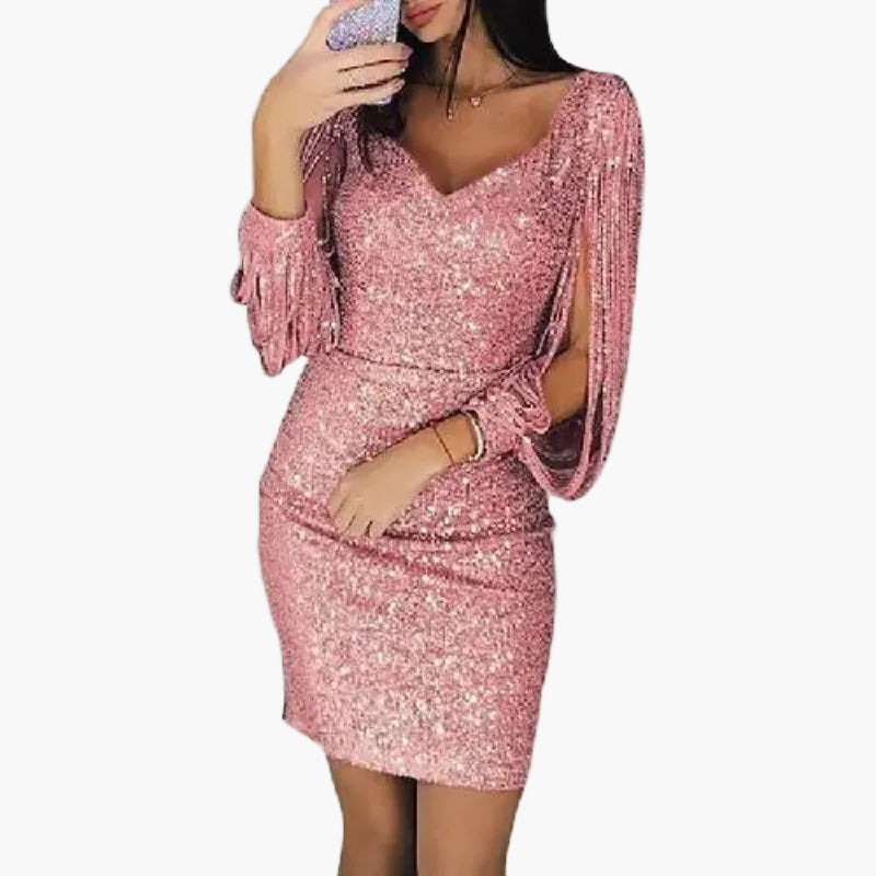 Dames Pailletten avondjurk met glamoureuze franjes aan de mouwen – Perfect voor feestjes en feestelijke gelegenheden