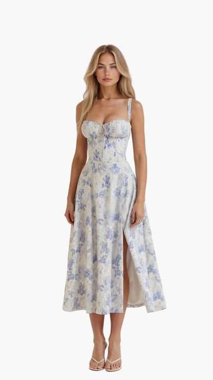 Damen Midikleid mit Korsett-Design und floralem Muster – Elegantes Sommerkleid für besondere Anlässe