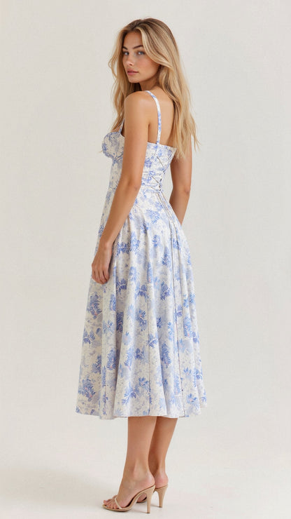 Damen Midikleid mit Korsett-Design und floralem Muster – Elegantes Sommerkleid für besondere Anlässe