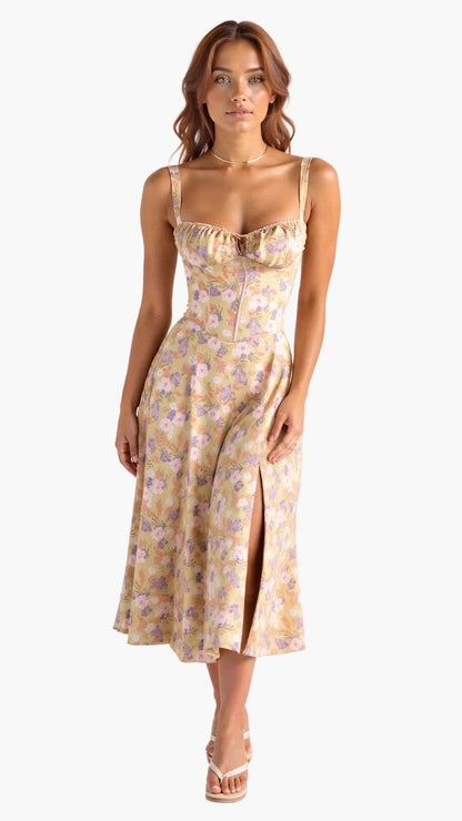 Damen Midikleid mit Korsett-Design und floralem Muster – Elegantes Sommerkleid für besondere Anlässe