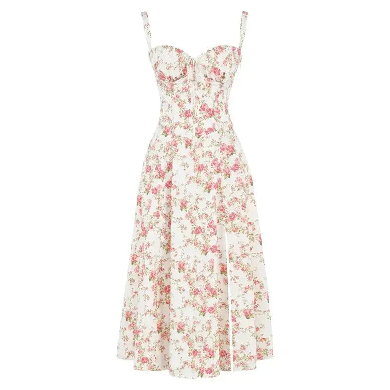 Damen Midikleid mit Korsett-Design und floralem Muster – Elegantes Sommerkleid für besondere Anlässe