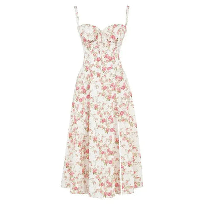 Damen Midikleid mit Korsett-Design und floralem Muster – Elegantes Sommerkleid für besondere Anlässe