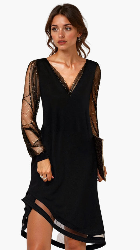 Vestido de noche elegante para mujer con mangas transparentes y escote en V – Perfecto para ocasiones festivas