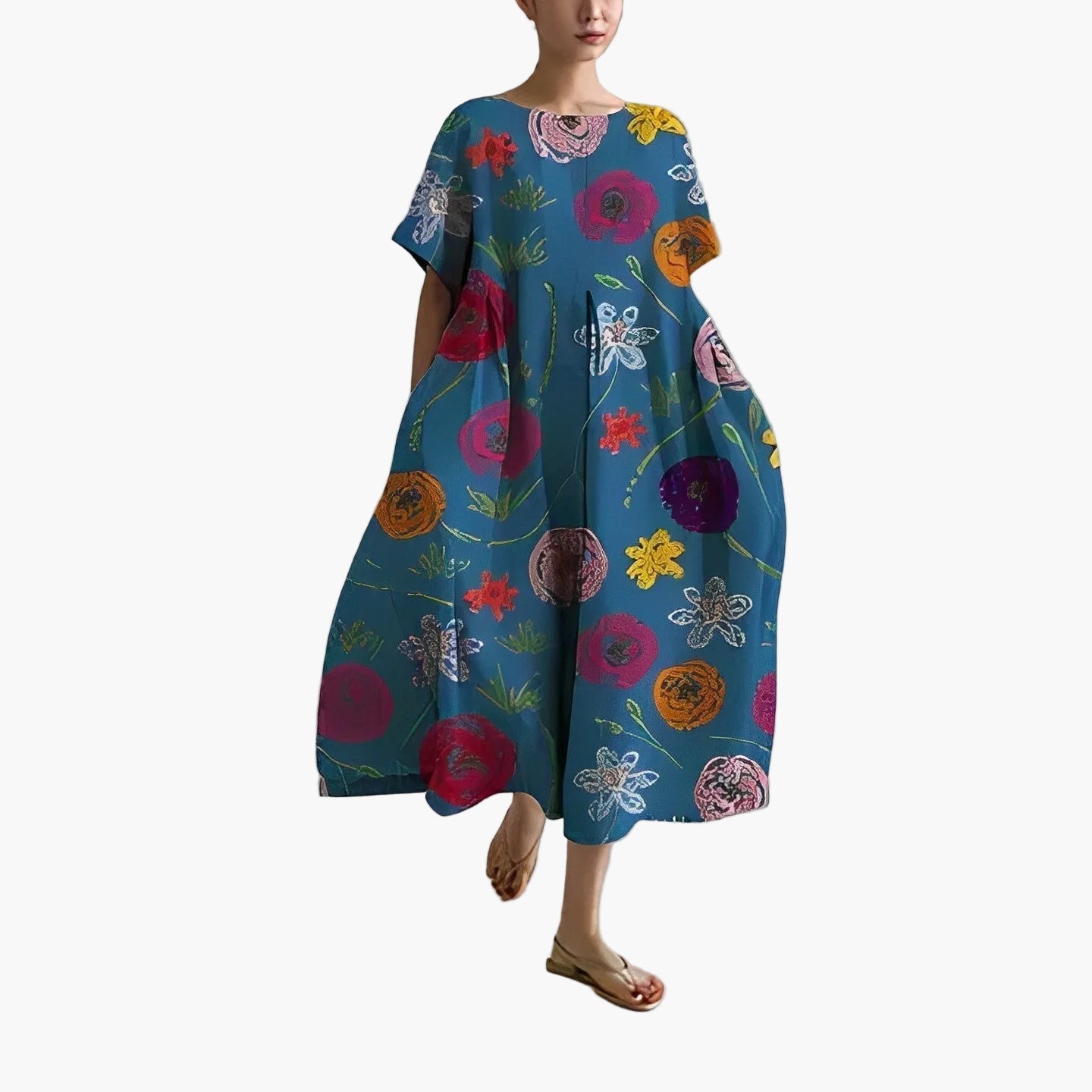 Dame sommerkjole løs, moderne, blomstrete midi