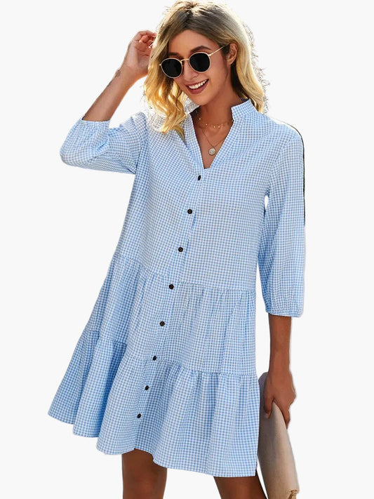 Dames Vrijetijdsjurk met ruitpatroon en knopenrij – Losse, elegante zomerjurk voor dagelijks gebruik & vakantie