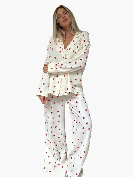 Dames pyjama set met hartjespatroon – Losse nachtkleding voor gezellige avonden