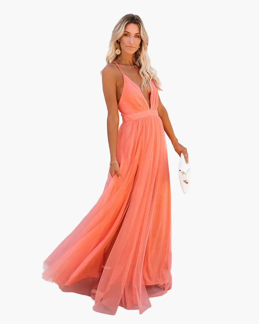Dames maxijurk elegant zomer avondjurk met diepe halslijn en verstelbare bandjes voor speciale gelegenheden
