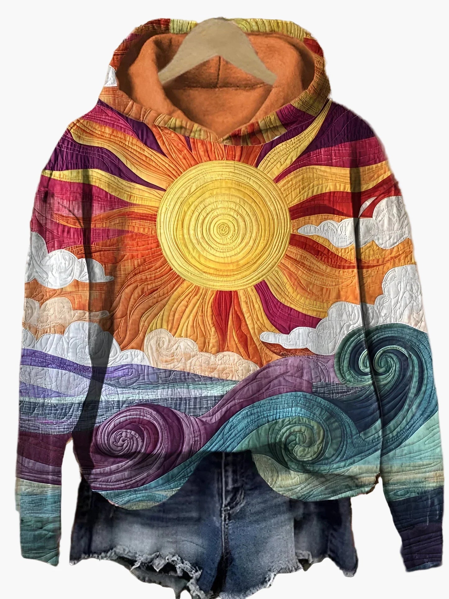 Sweat à capuche pour femmes avec motif artistique soleil et mer – Pull bohème décontracté pour tenues stylées