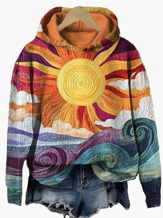 Felpa con cappuccio da donna con motivo artistico di sole e mare – Maglione boho da tempo libero per outfit eleganti