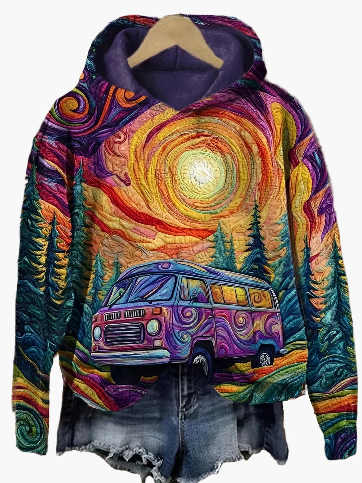 Felpa con cappuccio da donna con arte vintage di autobus – Colorata, boho, tempo libero